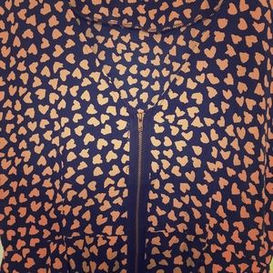 Navy pelplum dress with peachy heart print.